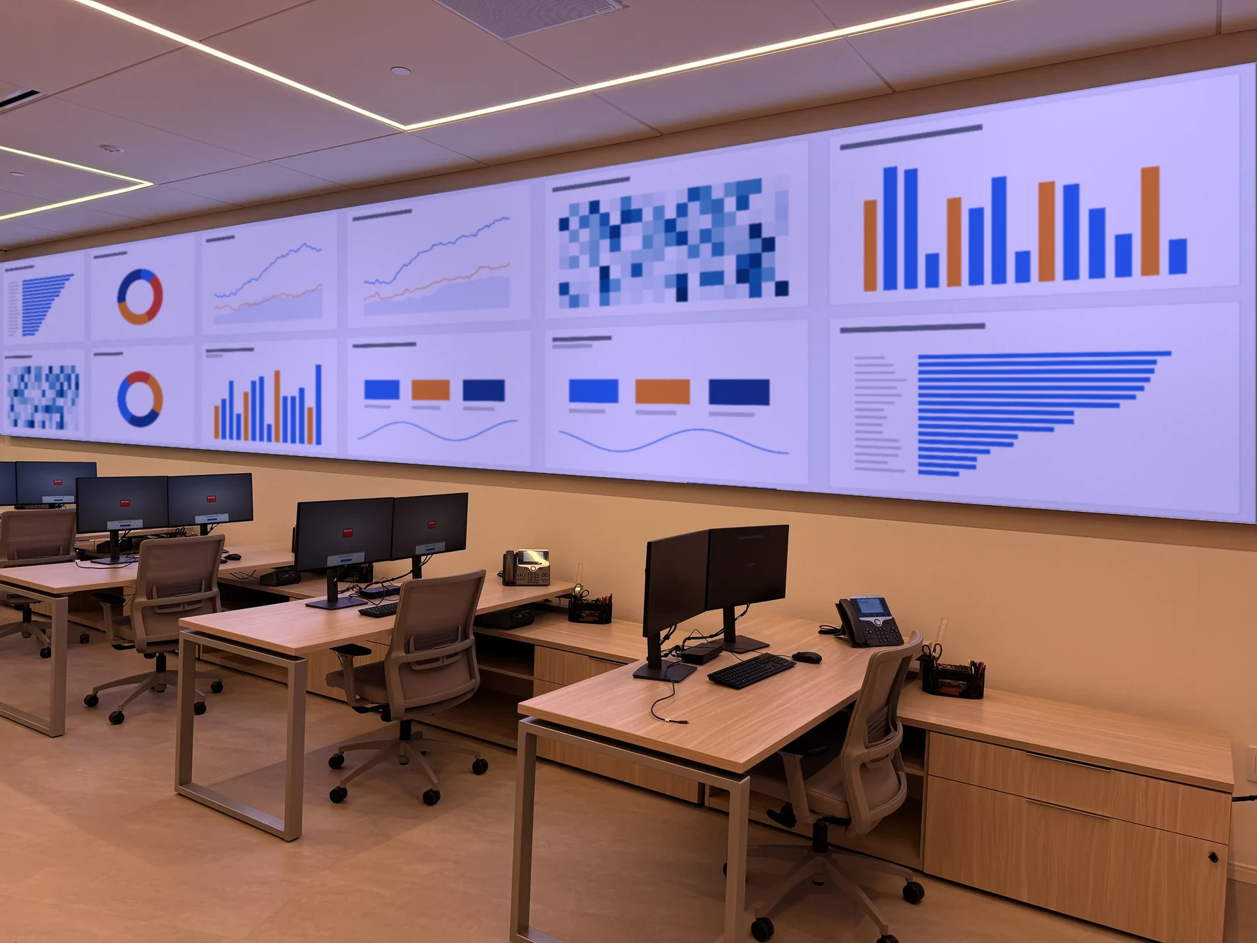 Command-center LED video wall above the operator workstations.