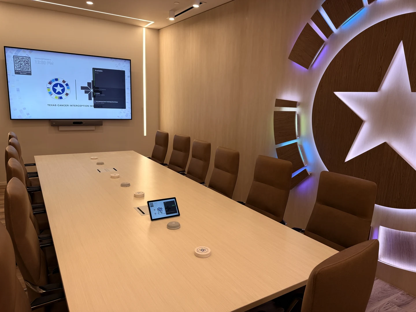 The TCII conference room with a long meeting table, wall-mounted display, video conferencing and table microphones.