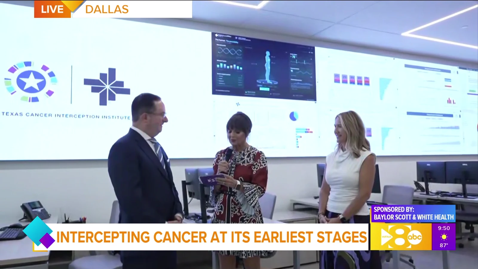WFAA’s presenter and two interviewees in the command center during the Good Morning Texas feature.