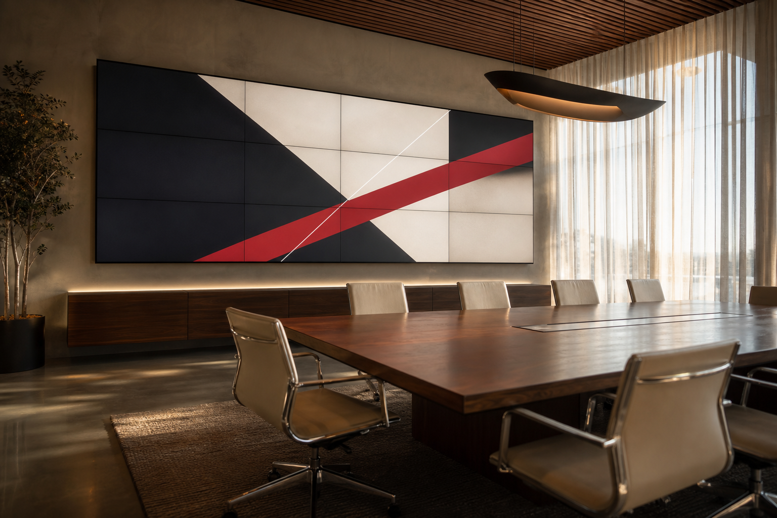 Executive conference room with a large LED video wall playing custom branded motion graphics in deep red, cream and charcoal