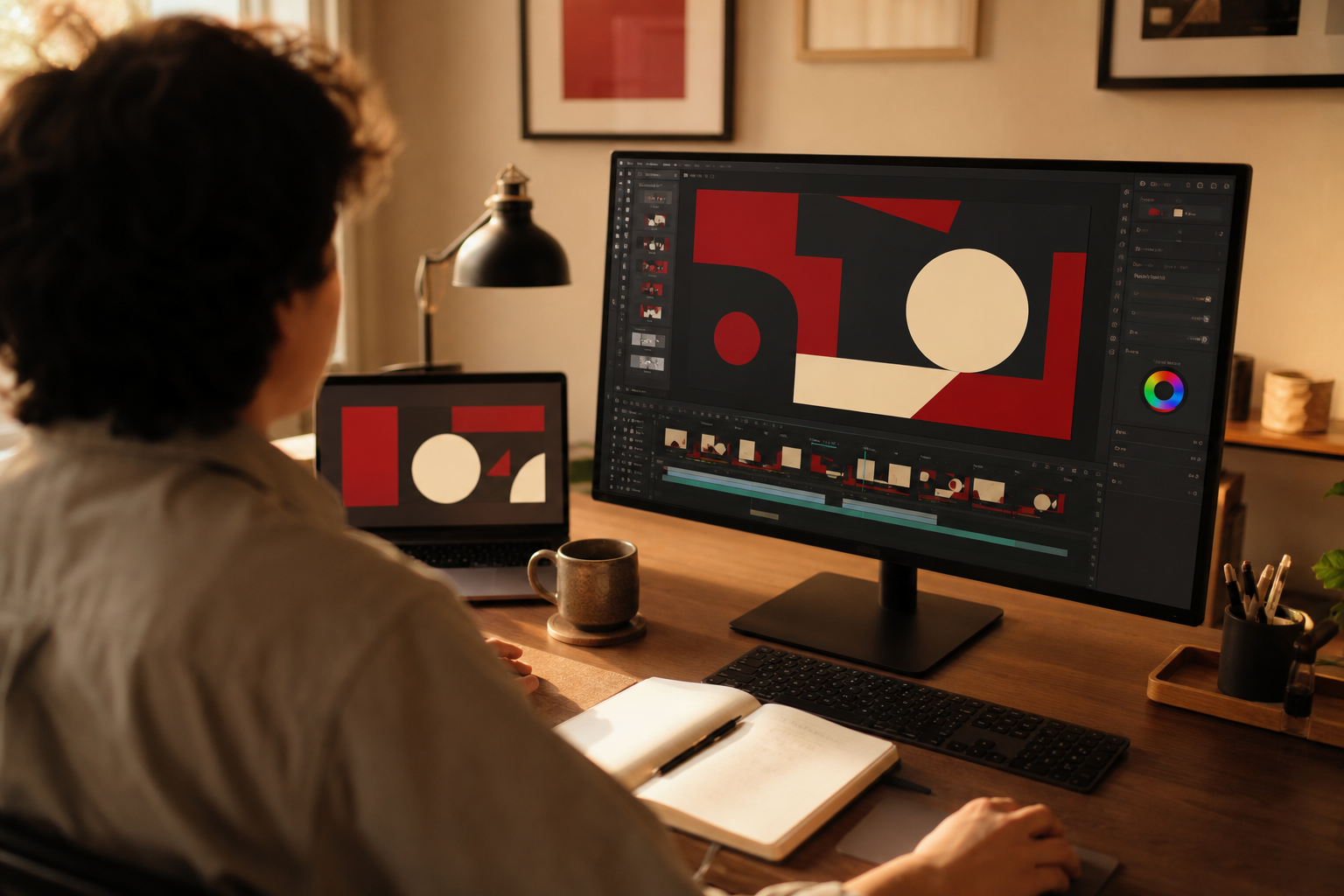 Motion graphics designer reviewing a looping composition for an office video wall on a color-calibrated monitor