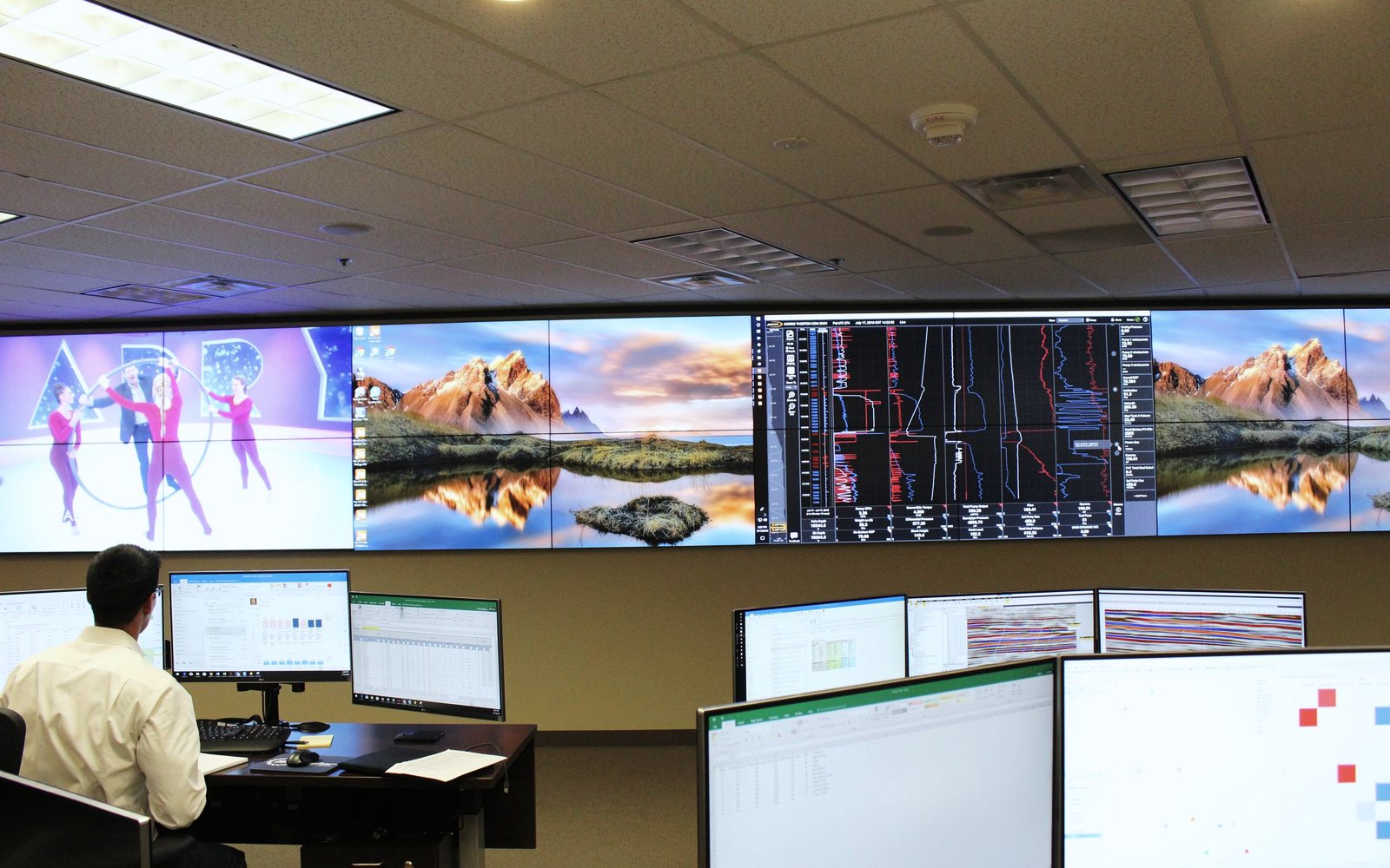 Operations center with a wall of monitoring displays